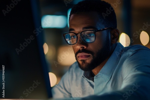 A focused professional analyzing financial data on a computer representing attention to detail and accuracy in financial analysis and reporting