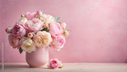 Pastel pink background with a delicate arrangement of peonies and roses in a vintage-inspired vase, pink, feminine charm, pastel hues, roses