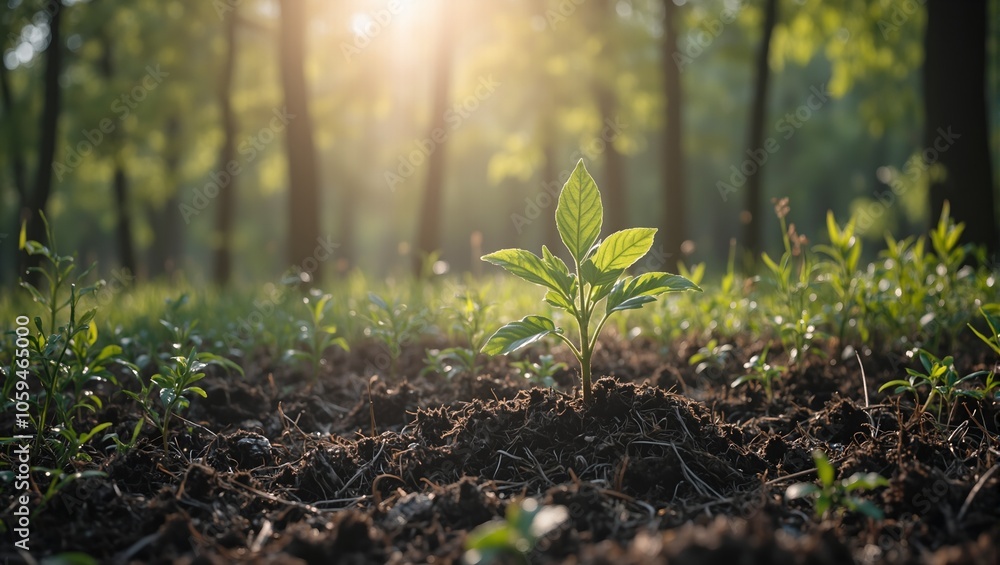 Fresh sapling in forest clearing sunlight rays shining through canopy Fresh sapling in forest clearing sunlight rays shining through canopy