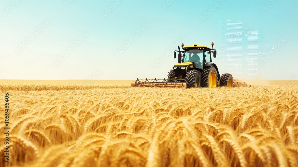 Fototapeta premium A vibrant field of wheat with a tractor harvesting the golden grains under a clear blue sky. Perfect for agricultural themes.