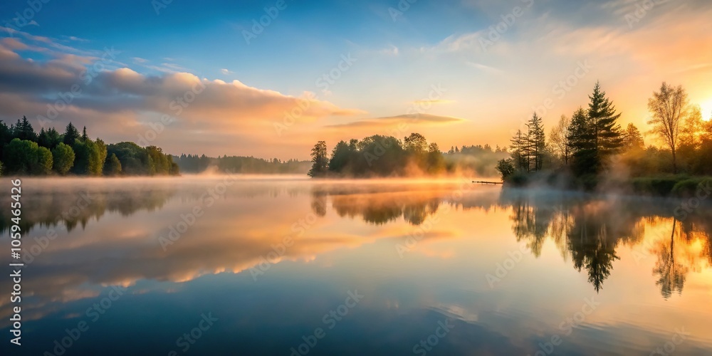 Obraz premium Peaceful lake at dawn with mist rising from the water surface, dawn, tranquility
