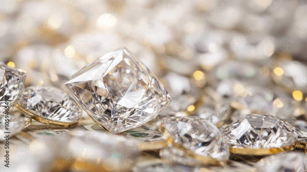 close up of sparkling diamonds on bed of cash, showcasing luxury and wealth close up of sparkling diamonds on bed of cash, showcasing luxury and wealth