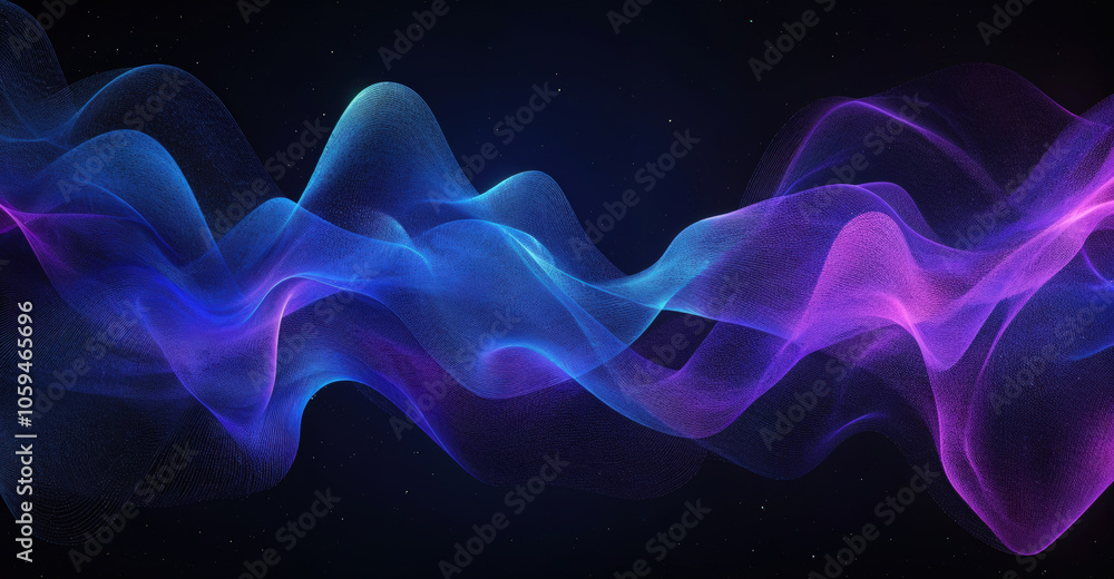 Obraz premium Vibrant wave of blue and purple light particles dances across a dark background