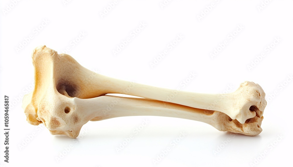 Fototapeta premium Isolated ulna bone displayed on a solid white background, highlighting the intricate structure and function of a crucial element of the human skeletal system. Explore the significance of human bone.