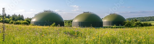 Capture of green biogas storage tanks in a lush field under a clear blue sky, highlighting sustainable energy solutions. photo