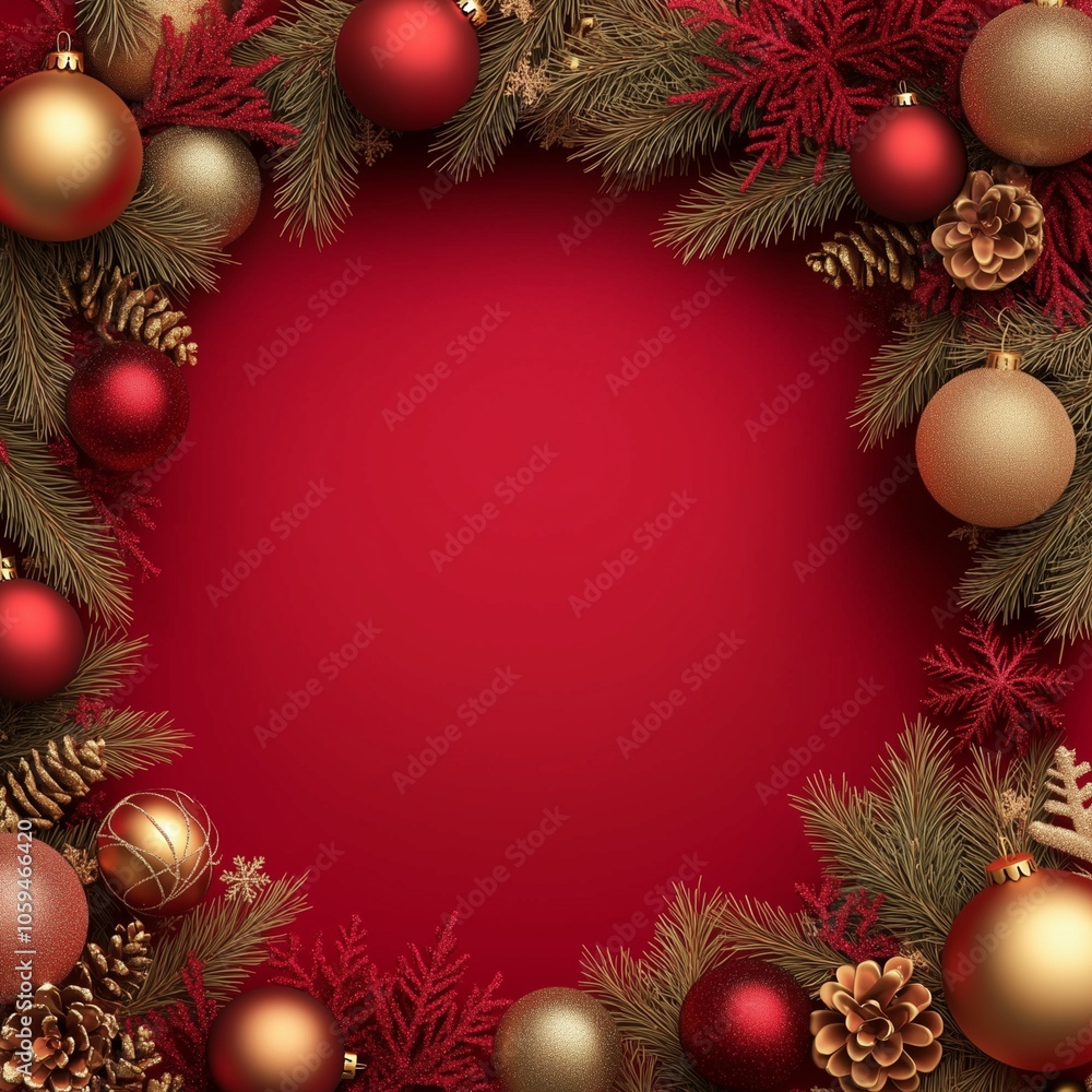 A circular frame with Christmas tree branches and ornaments on the edge of the picture A circular frame with Christmas tree branches and ornaments on the edge of the picture