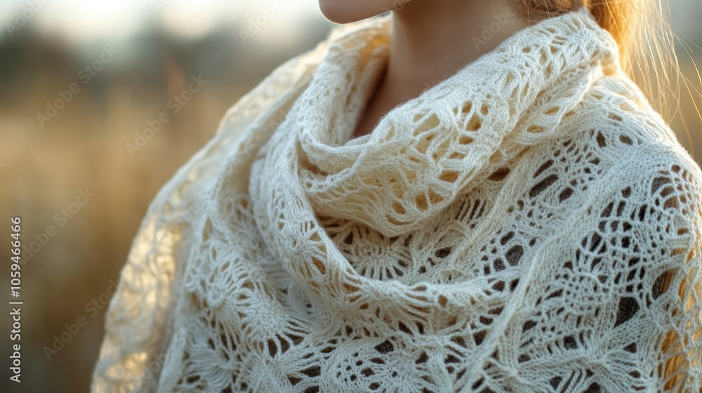 A close-up of a person wearing a delicate lace scarf in warm tones, evoking coziness and elegance, Suitable for fashion, lifestyle, or apparel marketing, A close-up of a person wearing a delicate lace scarf in warm tones, evoking coziness and elegance, Suitable for fashion, lifestyle, or apparel marketing,