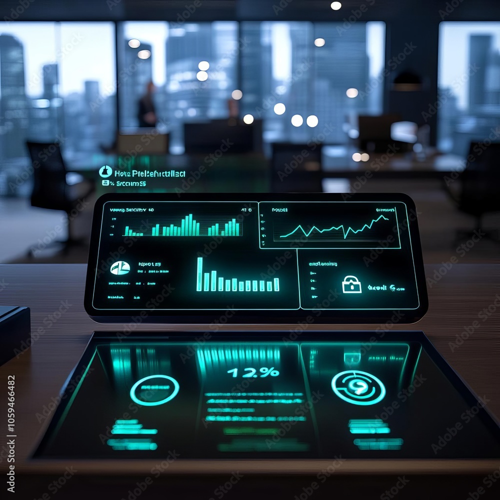 Digital revenue growth, holographic finance dashboard, executive office Digital revenue growth, holographic finance dashboard, executive office