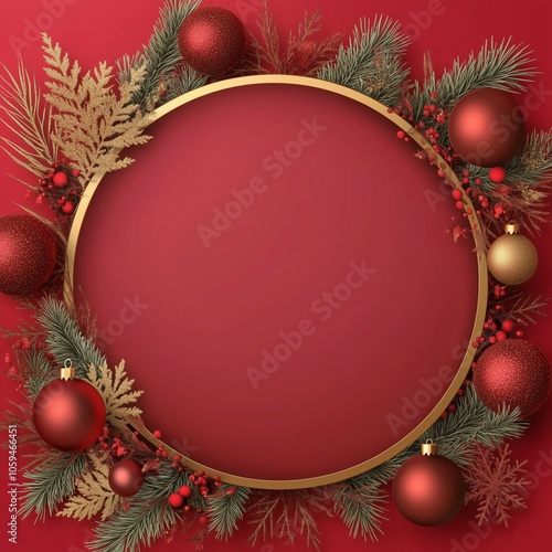 A circular frame with Christmas tree branches and ornaments on the edge of the picture