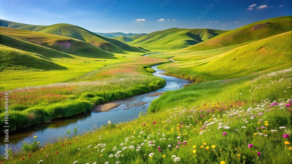 Rolling hills of green grass with a meandering stream and wildflowers, serene, grass, landscape, landscape photography, field Rolling hills of green grass with a meandering stream and wildflowers, serene, grass, landscape, landscape photography, field