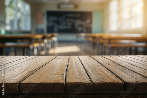 Wooden table in a sunlit classroom, with empty chairs in the background and a chalkboard