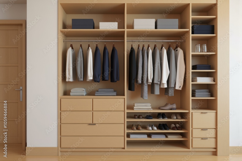 Organized Wardrobe Bliss: Neatly Arranged Clothing, Shoes, and Accessories in a Calm, Modern Space Organized Wardrobe Bliss: Neatly Arranged Clothing, Shoes, and Accessories in a Calm, Modern Space