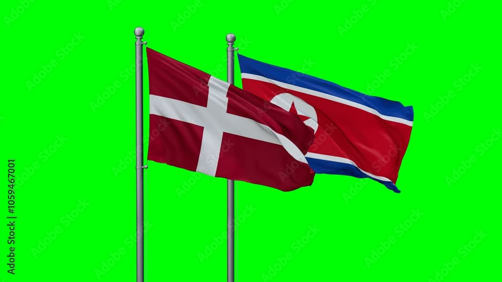North Korea and Denmark flags flying together, video concept of the relationship with colored chroma key for easy background remove North Korea and Denmark flags flying together, video concept of the relationship with colored chroma key for easy background remove