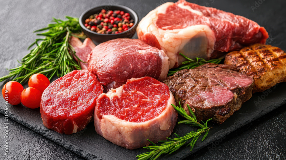 Fresh cuts of meat arranged on slate board with herbs and spices Fresh cuts of meat arranged on slate board with herbs and spices