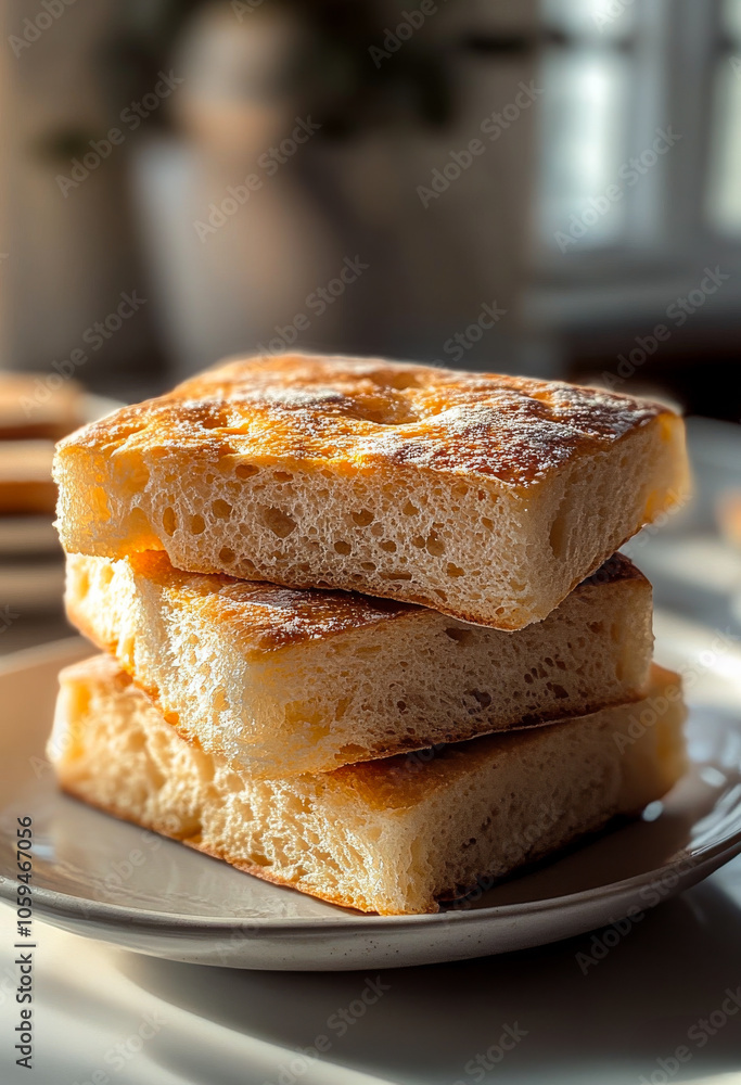 Freshly baked focaccia bread stacked on a plate. Warm, golden focaccia bread slices are neatly arranged on a plate Freshly baked focaccia bread stacked on a plate. Warm, golden focaccia bread slices are neatly arranged on a plate