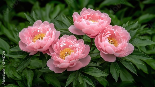 Vibrant Peonies Amidst Swirling Greenery Lush pink peonies with soft, layered petals, set against a background of swirling greens and watercolor-style foliage, creating a dreamy, abstract garden feel.