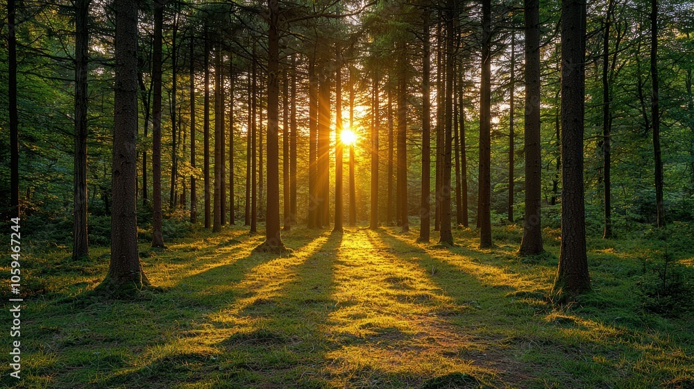Sunlight Streaming Through Trees in a Dense Forest Sunlight Streaming Through Trees in a Dense Forest