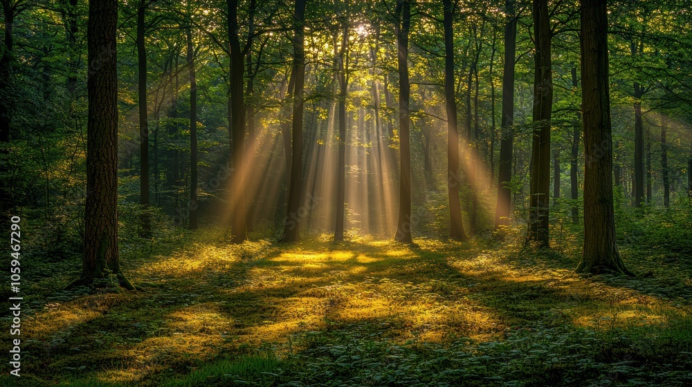 Obraz premium Sunlight Streaming Through Trees in Dense Forest