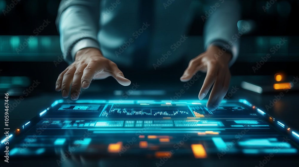 Futuristic financial planning, floating hologram, executive workspace Futuristic financial planning, floating hologram, executive workspace