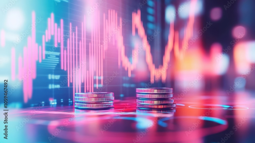 High-tech financial forecast, neon holographic graphs, corporate setting High-tech financial forecast, neon holographic graphs, corporate setting