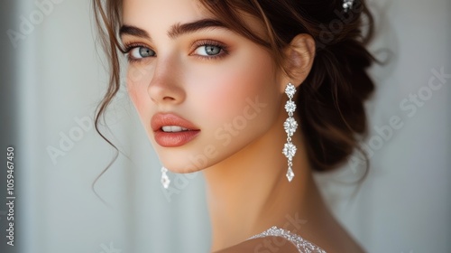 A close-up portrait of a woman with elegant earrings and soft makeup, showcasing radiance and beauty, This image is perfect for beauty campaigns, bridal magazines, or fashion websites,