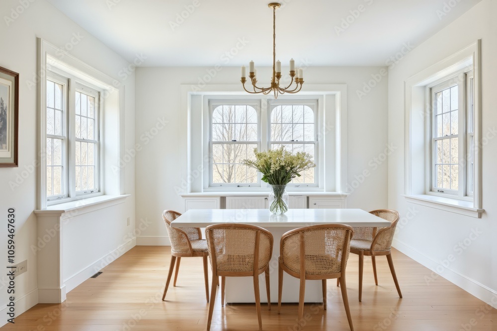 Serene and Modern Dining Room with Elegant Chandelier, Natural Light, and Classic Furniture in a Spacious, Bright, Welcoming Atmosphere Serene and Modern Dining Room with Elegant Chandelier, Natural Light, and Classic Furniture in a Spacious, Bright, Welcoming Atmosphere
