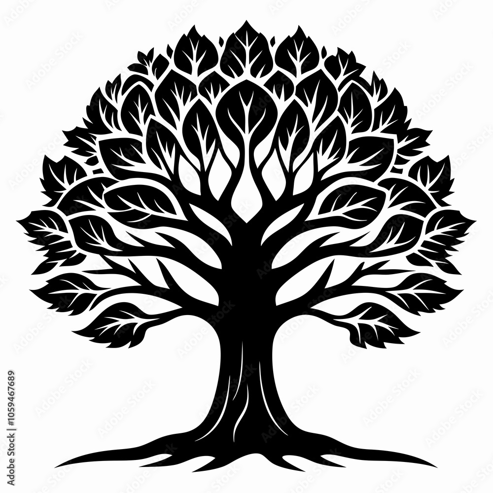 Obraz premium Black silhouette tree with roots Vector illustration. design isolated on white background