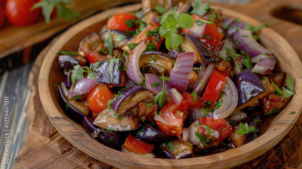 Cooked scarlet eggplant salad with onion and tomato on wooden plate. Cooked scarlet eggplant salad with onion and tomato on wooden plate.