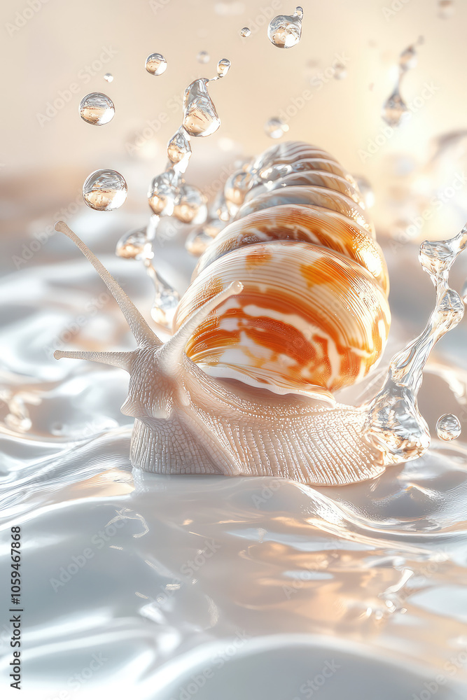 Fototapeta premium Achatina Snail with Water Splashes and drops. Mucin Snail Hydration cosmetics, 3d background with copy space