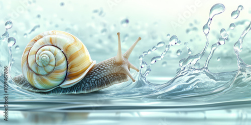 Achatina Snail with Water Splashes and drops. Mucin Snail Hydration cosmetics, 3d background with copy space   photo