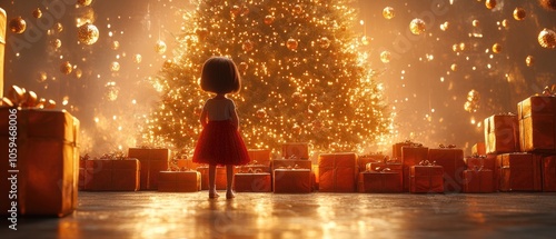 A young girl stands in awe in front of a beautifully decorated Christmas tree, surrounded by presents and falling ornaments.