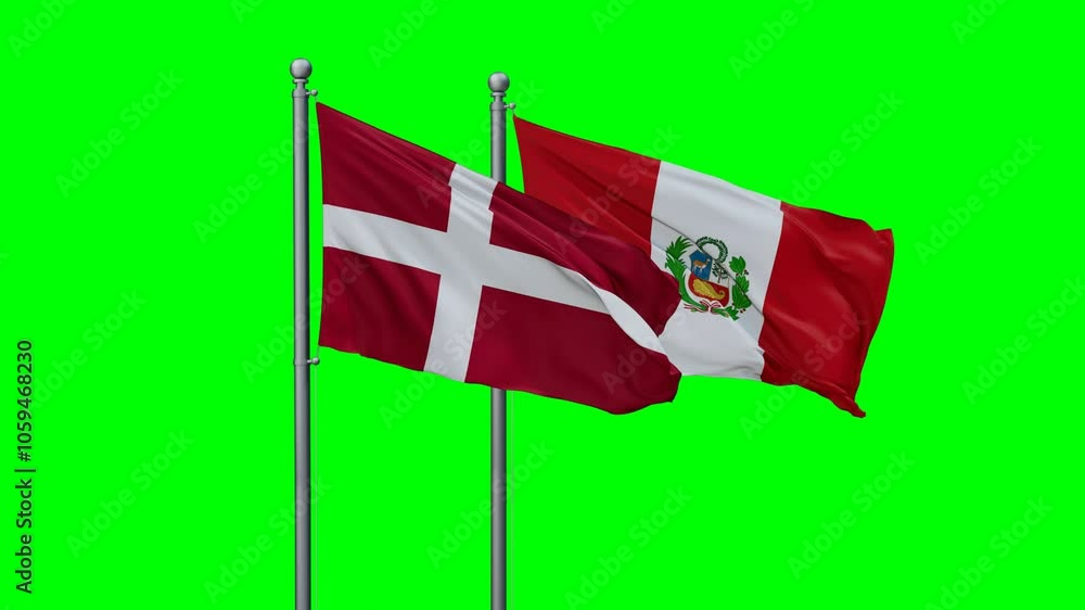 Peru and Denmark flags flying together, video concept of the relationship with colored chroma key for easy background remove, two country cooperation concept