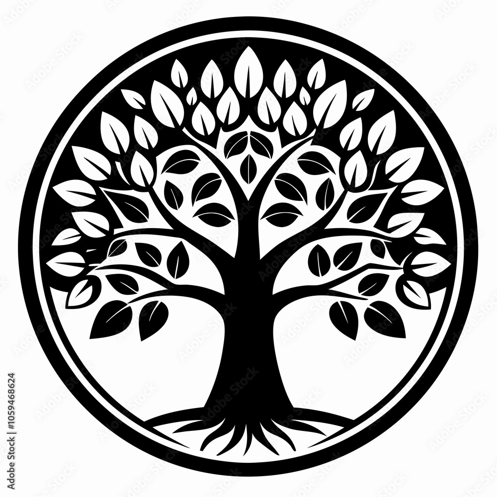 Black Trees and root with leaves look beautiful and refreshing. Tree and roots LOGO style Black Trees and root with leaves look beautiful and refreshing. Tree and roots LOGO style
