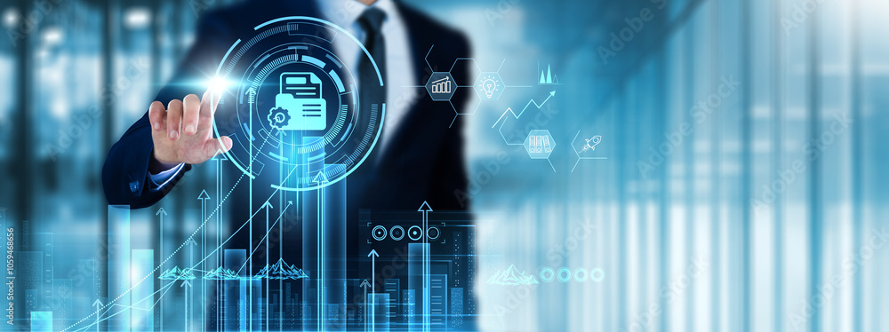 Fototapeta premium Document Management: Businessman touch document management system analyzing graph efficiency, collaboration, version control, data security, workflow automation, accessibility, compliance, analytics.