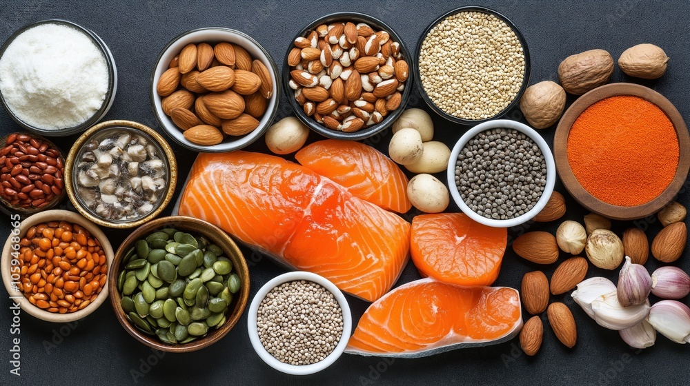 Assorted superfoods displayed on a dark surface including raw salmon fillets, almonds, pumpkin seeds, garlic cloves, and various grains such as quinoa, chia seeds, and millet.