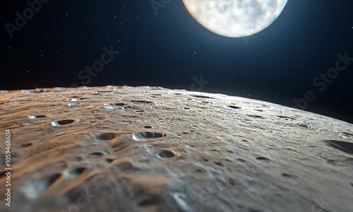 A close-up view of a lunar surface with a distant moon in space.