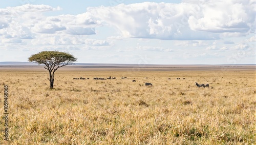 Serengeti landscape with acacia tree and zebras grazing