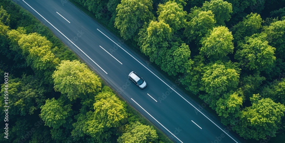 Fototapeta premium Aerial view of a car driving along a winding road surrounded by lush green trees