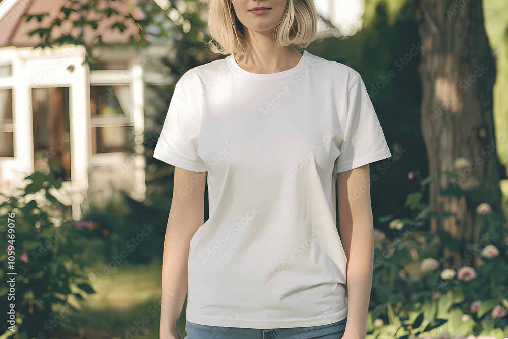 A young Caucasian woman stands confidently in a white t-shirt, surrounded by a lush garden, embracing a bright and serene atmosphere. A young Caucasian woman stands confidently in a white t-shirt, surrounded by a lush garden, embracing a bright and serene atmosphere.