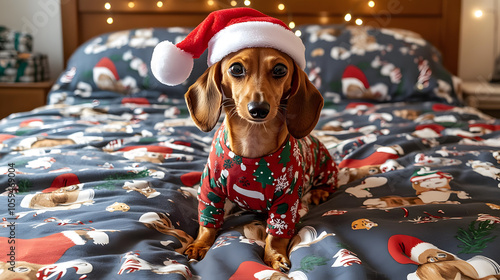 Dackel in Weihnachtsmütze und festlichem Schlafanzug auf Weihnachtsbett photo