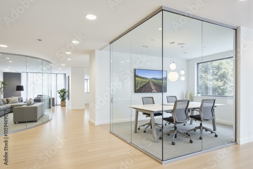 Modern Office Space: Glass Conference Rooms Enhance Productivity Amidst Spacious and Minimalist Interior Design, Creating a Peaceful Work Environment.