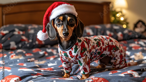 Dackel in Weihnachtsmütze und Schlafanzug auf festlich geschmücktem Bett photo