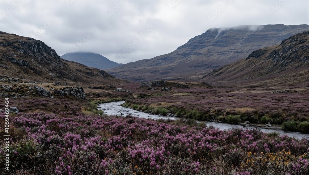 Scenic Scottish Highlands landscape with mountains river and purple heather under cloudy sky Scenic Scottish Highlands landscape with mountains river and purple heather under cloudy sky