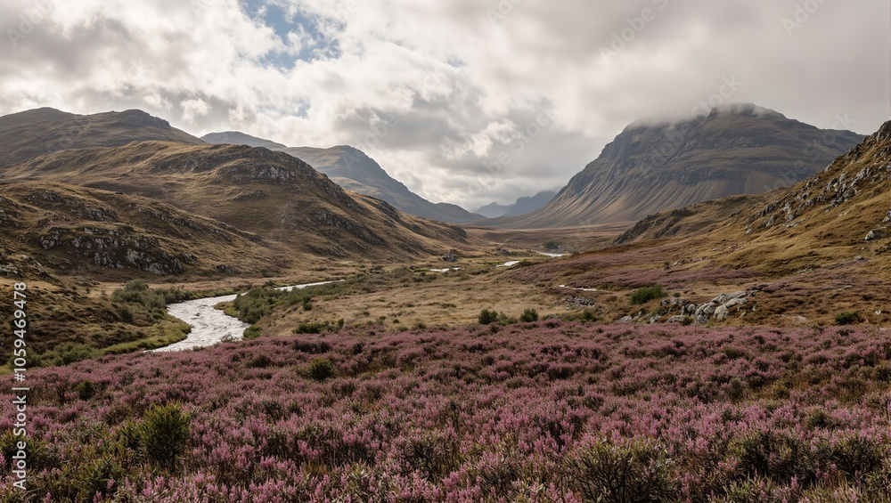 Fototapeta premium Scenic Scottish Highlands landscape with mountains river and purple heather under cloudy sky