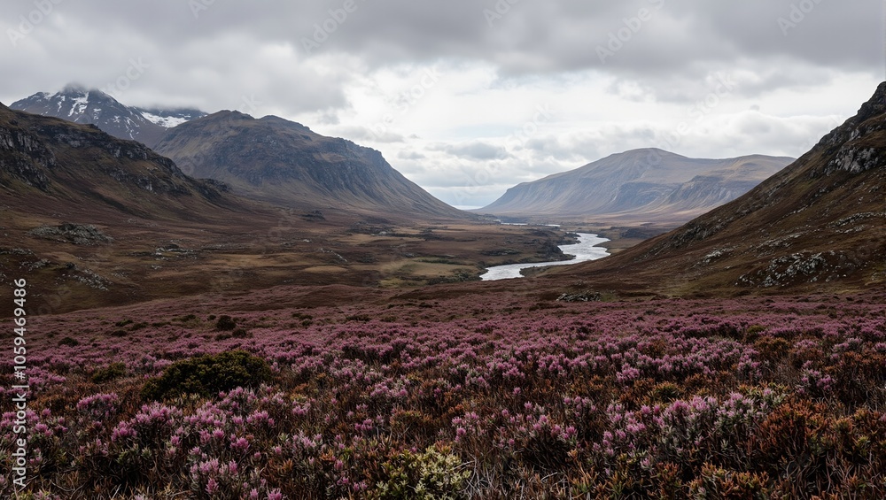 Fototapeta premium Scenic Scottish Highlands landscape with mountains river and purple heather under cloudy sky