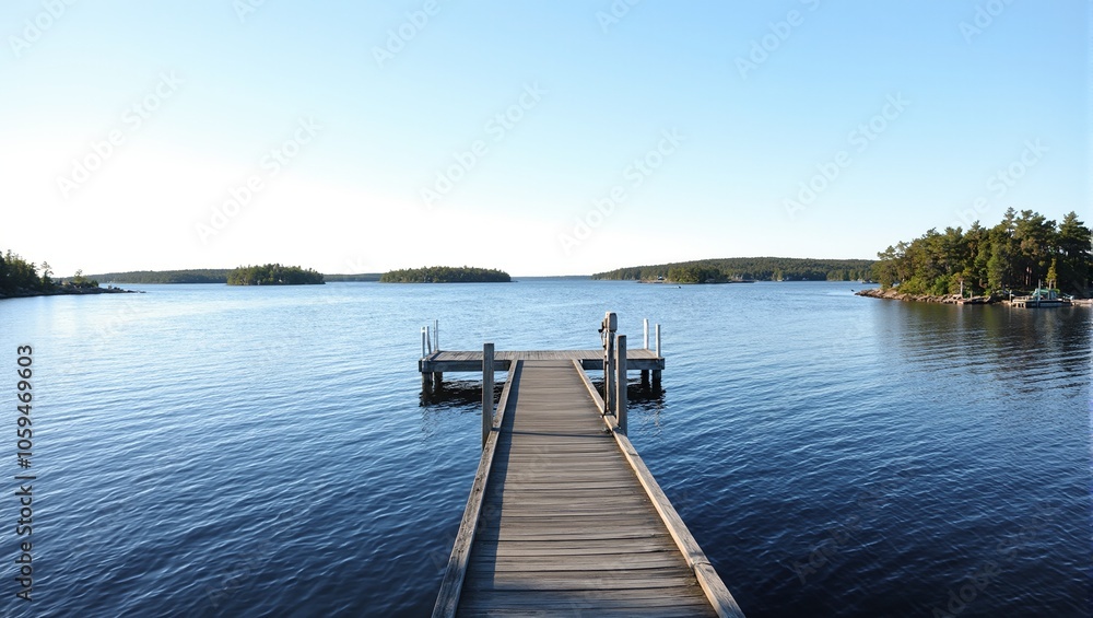 Tranquil Finnish archipelago at dusk with wooden dock and forested islands in calm blue waters Tranquil Finnish archipelago at dusk with wooden dock and forested islands in calm blue waters