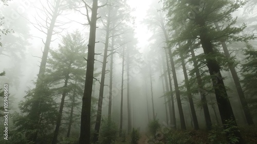 Mysterious forest enveloped in dense fog and mist, landscape, misty