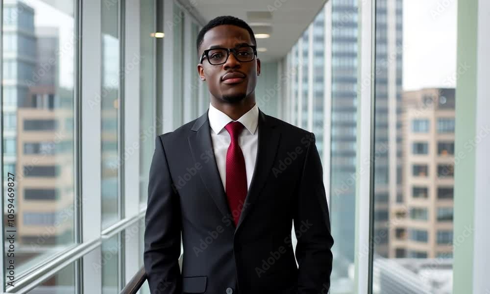 A professional man in a suit poses confidently in a modern office space. A professional man in a suit poses confidently in a modern office space.