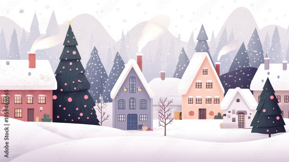 Winter village scene with snow covered houses and decorated tree Winter village scene with snow covered houses and decorated tree