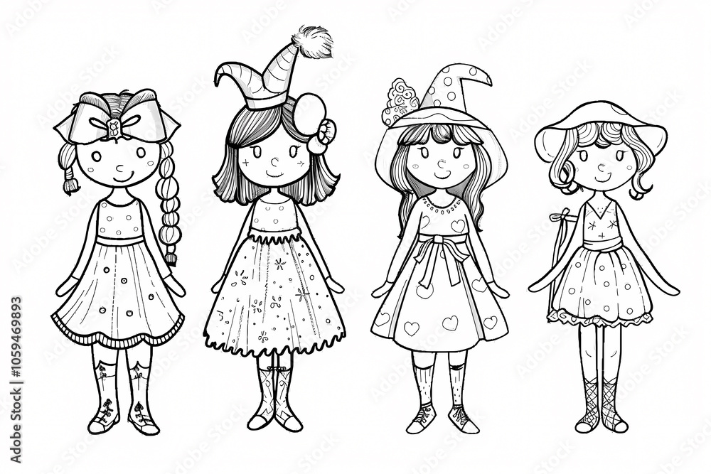 Four cheerful young girls of diverse styles, each wearing unique dresses and hats, embodying a whimsical and playful spirit in a black-and-white illustration. Four cheerful young girls of diverse styles, each wearing unique dresses and hats, embodying a whimsical and playful spirit in a black-and-white illustration.